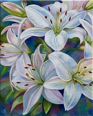 Purity. White Lilies, 2023, Oil on Canvas, Framed 26x32cm - £350